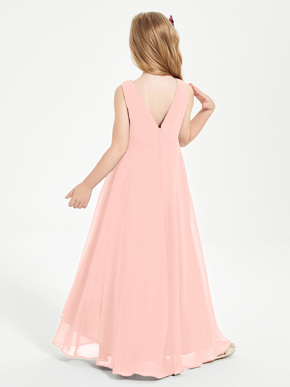 Modern Asymmetrical Cowl Neck Junior Bridesmaid Dresses Coral